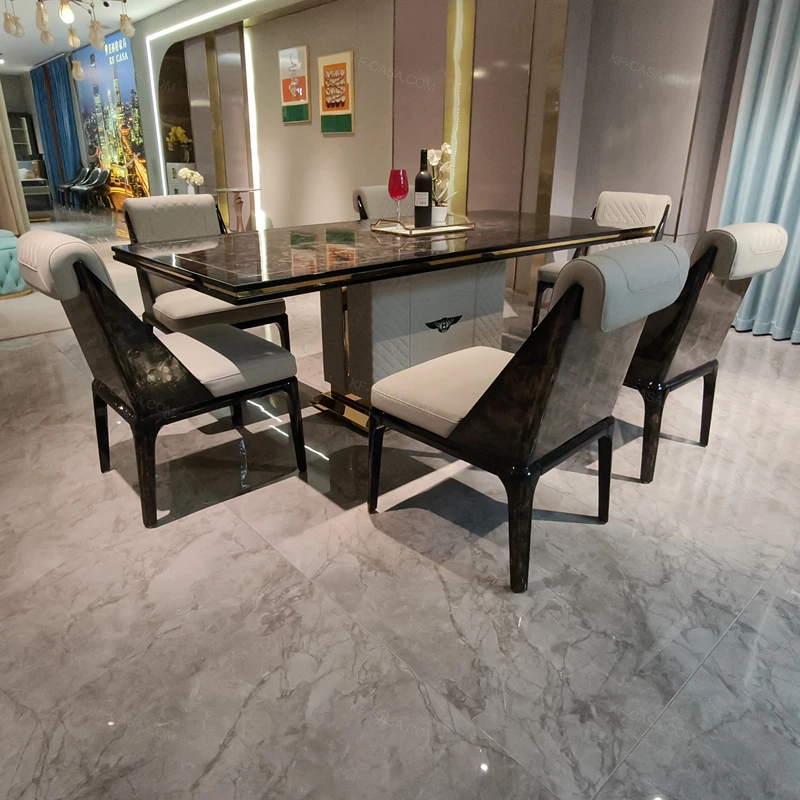 Dark Natural Wood Veneer Dining Table with Gold Stainless Steel Inlay & Quilted Pedestal Base